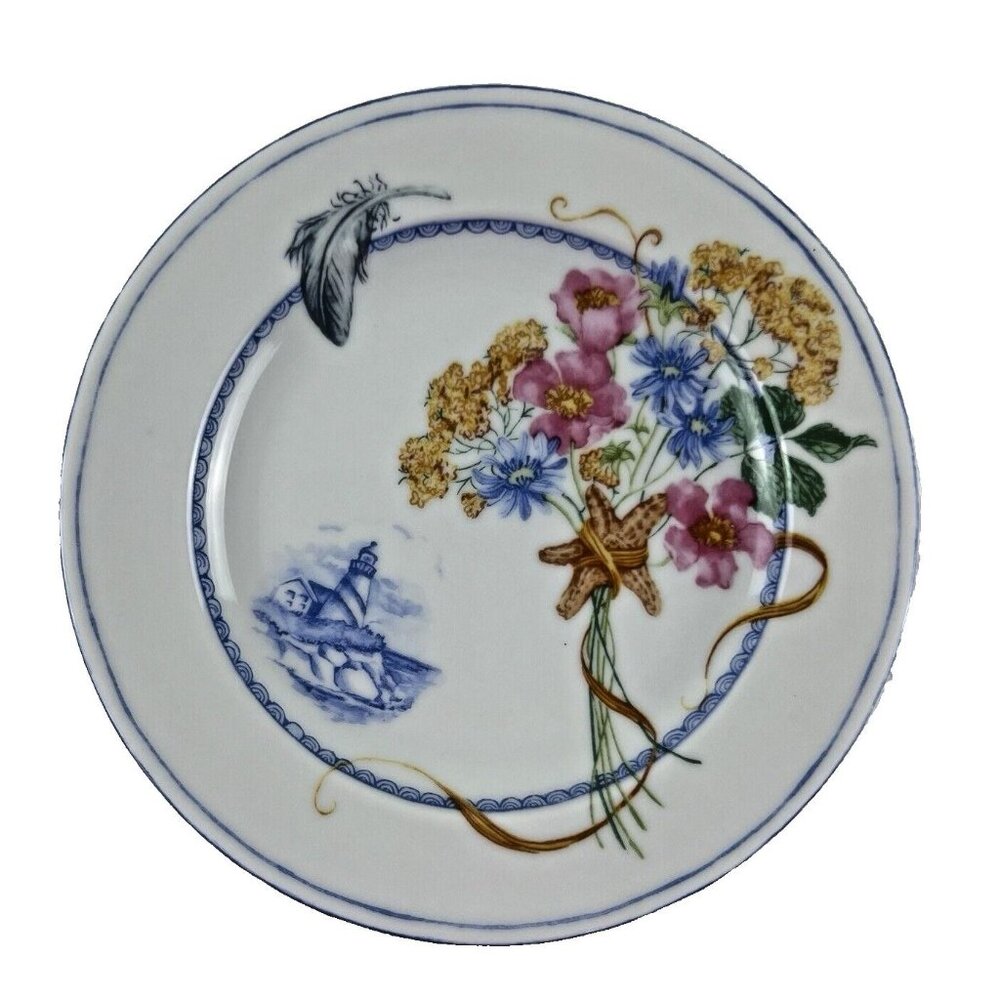 222 Fifth 8" Appetizer Plate Beachcomber Lighthouse Feather Seashells Flowers